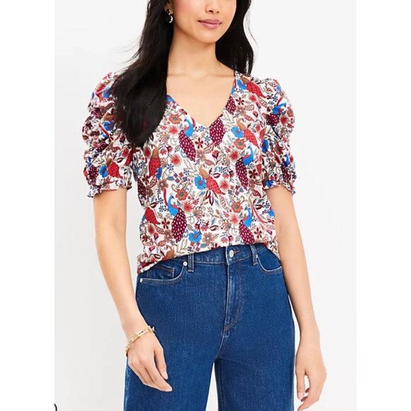 WOMEN LOFT Peacock Ruffle Cinched Sleeve V-Neck Top M - Picture 15 of 15